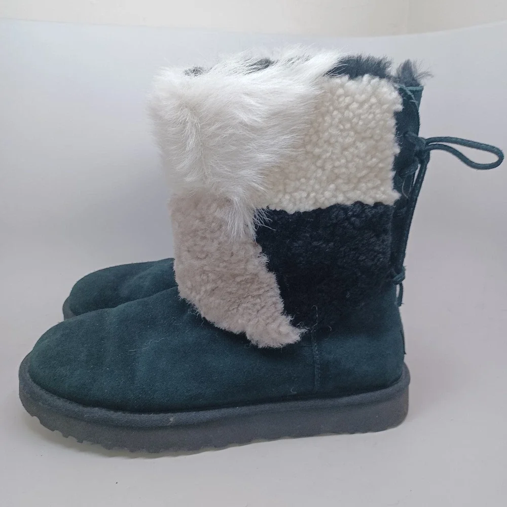 UGG Australia Women Black Suede Mixed Faux Fur Lace Up Back Boots US 8